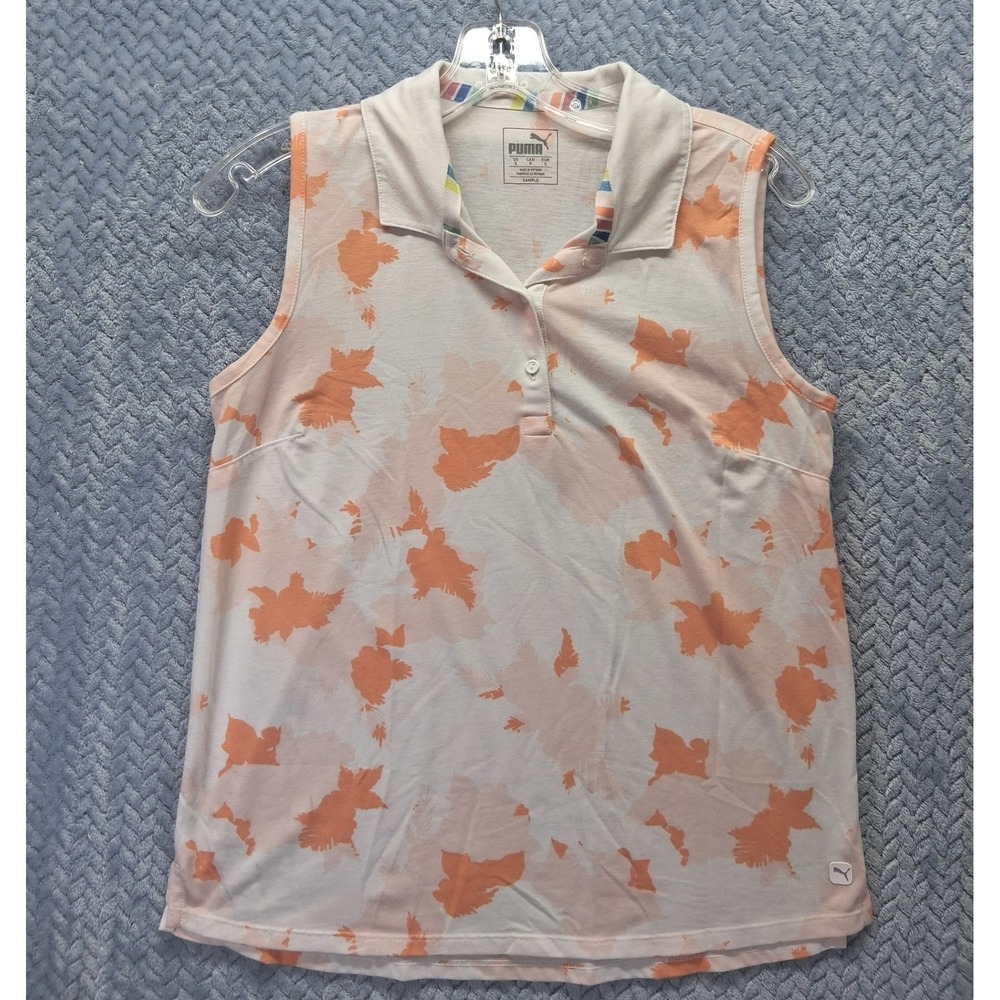 Puma Golf Womens Sleeveless Polo Shirt Orange Pink Floral Print Size S Tennis - Picture 1 of 6